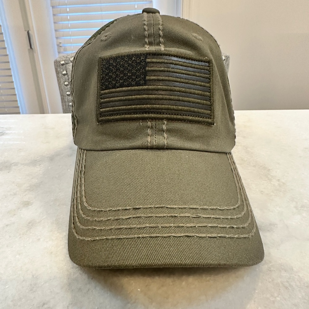 Free Style Olive Green Adjustable USA Patch Flag Cap Hat, Like New!